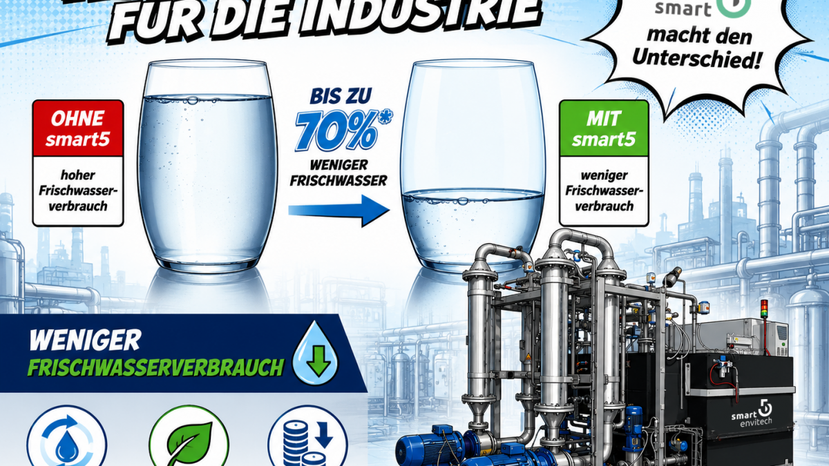 Wassersparende industrielle Abwasseraufbereitung von smart5 mit Vergleich des Frischwasserverbrauchs vor und nach der Wasserwiederverwendung.