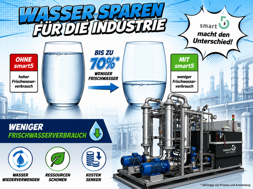 Wassersparende industrielle Abwasseraufbereitung von smart5 mit Vergleich des Frischwasserverbrauchs vor und nach der Wasserwiederverwendung.